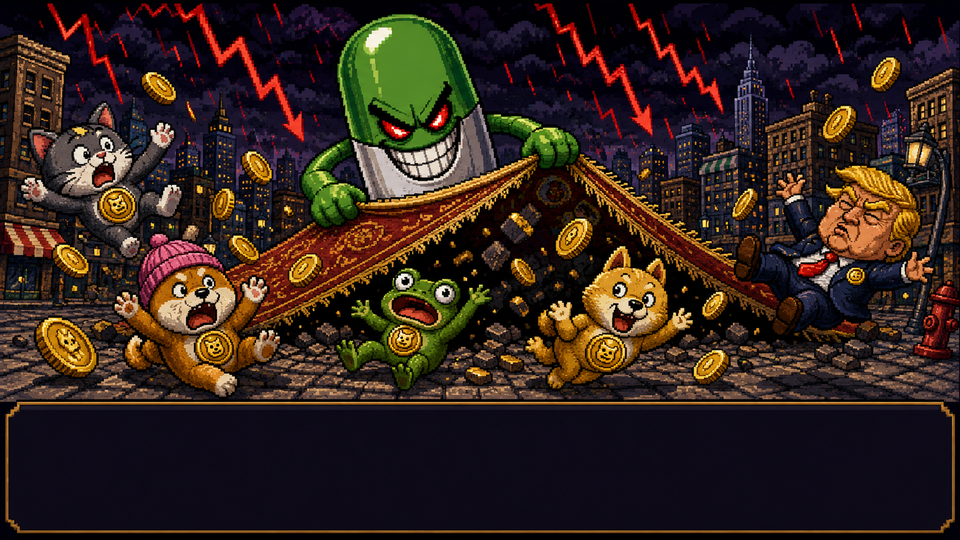 Story panel: the rugger pulls every rug and the market goes grey